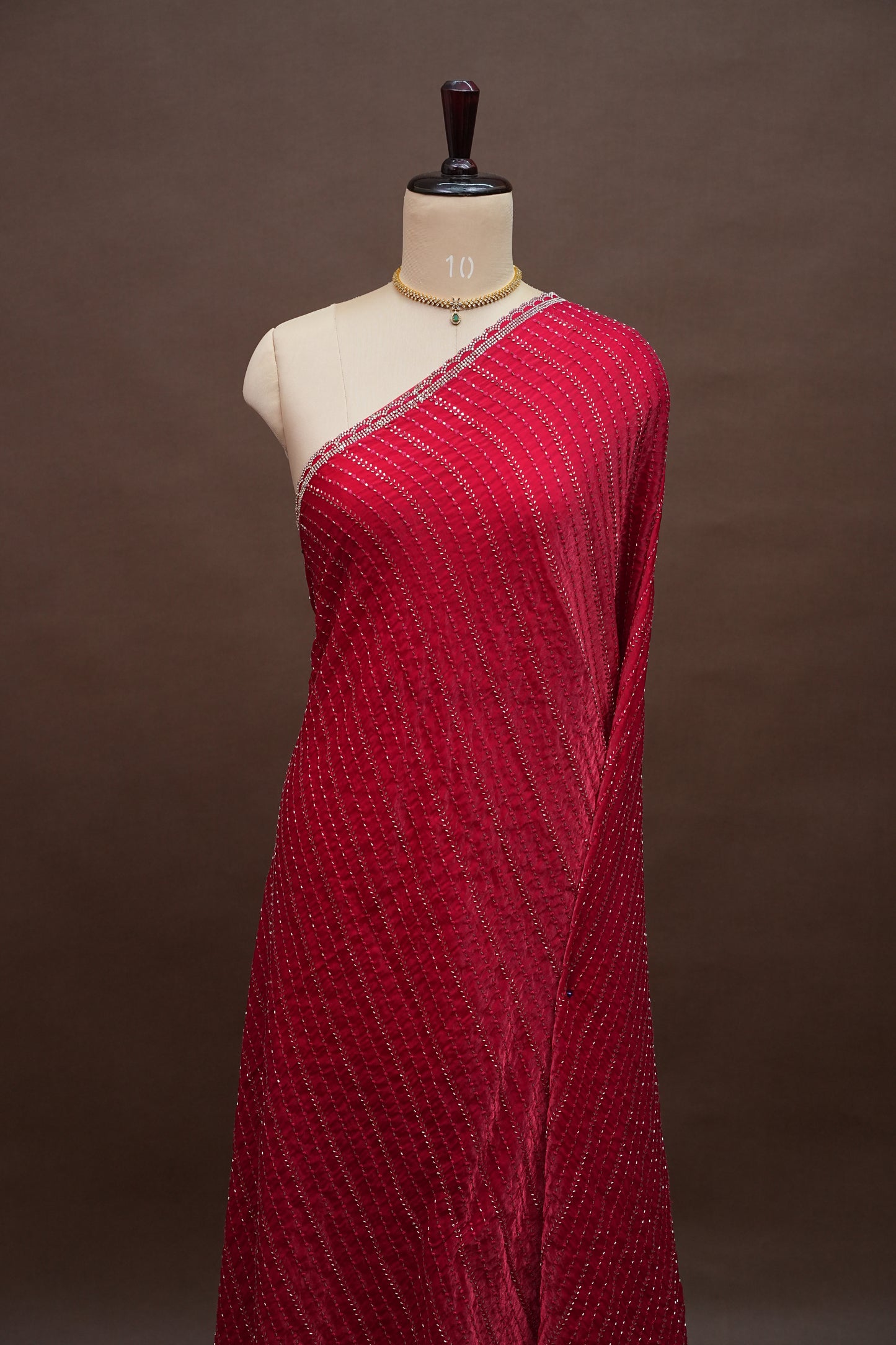 Beaded Party Wear Saree in Ruby Red with Delicate Sequin Embellishments