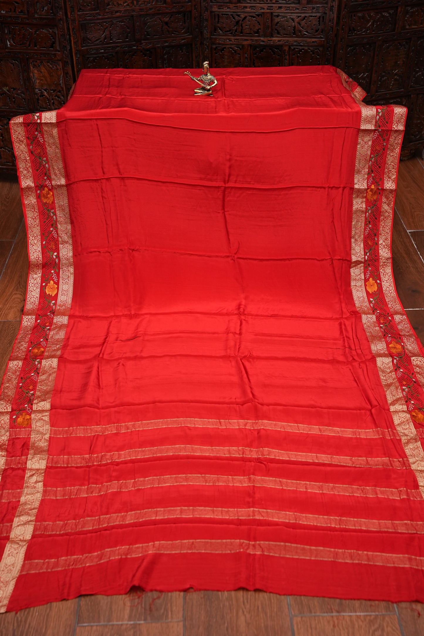 Crepe Silk Saree with Embroidered Border - Red