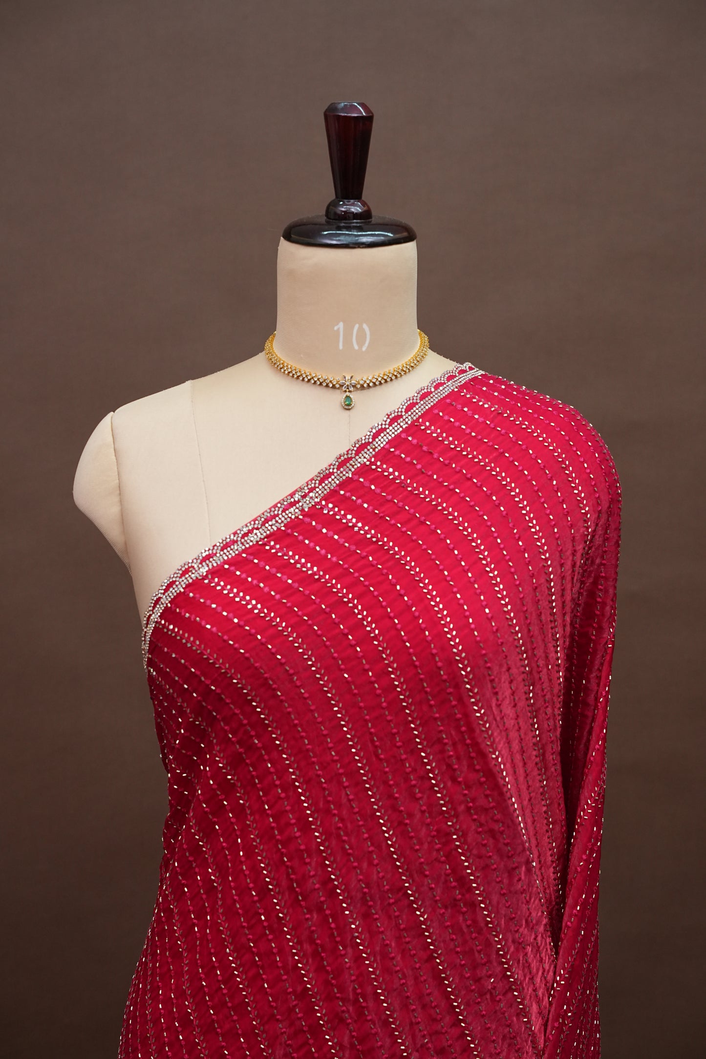 Beaded Party Wear Saree in Ruby Red with Delicate Sequin Embellishments