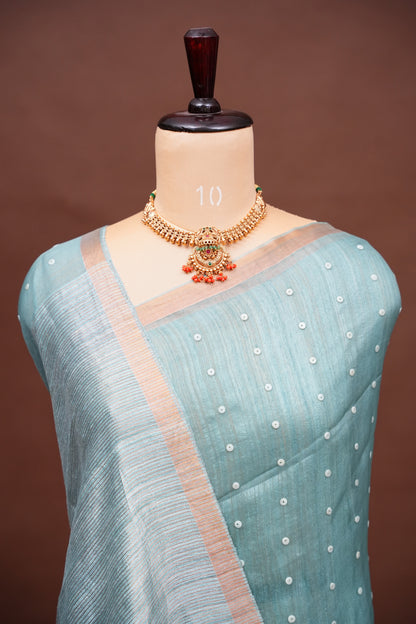 Muted Sea Green Pure Muslin Matka Silk Saree|Silk Mark Certified