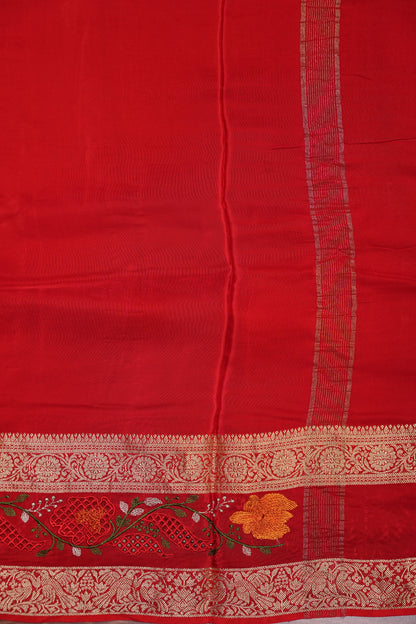 Crepe Silk Saree with Embroidered Border - Red