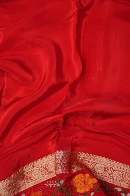 Crepe Silk Saree with Embroidered Border - Red