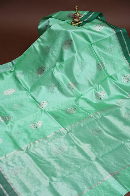 Pure Chanderi Silk Saree with Zari Buttas & Tissue Border - Mint Green