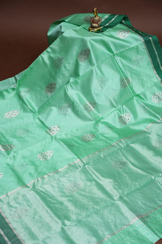 Pure Chanderi Silk Saree with Zari Buttas & Tissue Border - Mint Green
