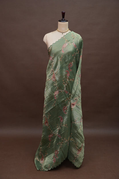 Sage Green Glass Tissue Organza Designer Party Wear Saree