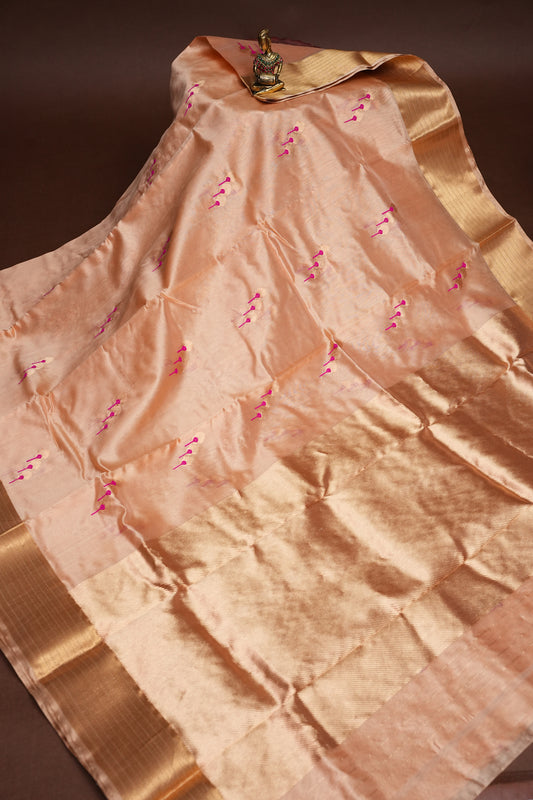Pure Chanderi Silk Saree with Zari Buttas & Tissue Border - Cream