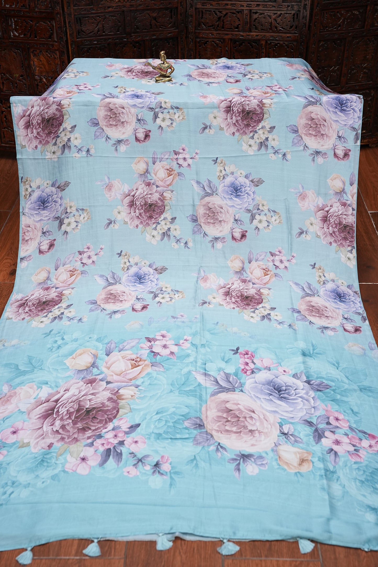 Powder Blue Kalamkari Tussar Silk Saree with Floral Digital Print