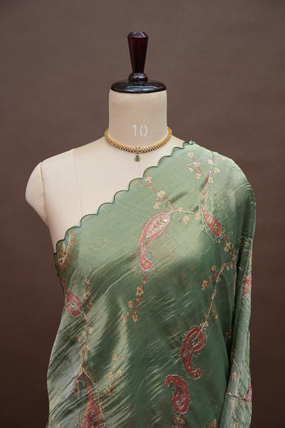Sage Green Glass Tissue Organza Designer Party Wear Saree