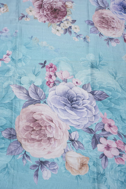Powder Blue Kalamkari Tussar Silk Saree with Floral Digital Print