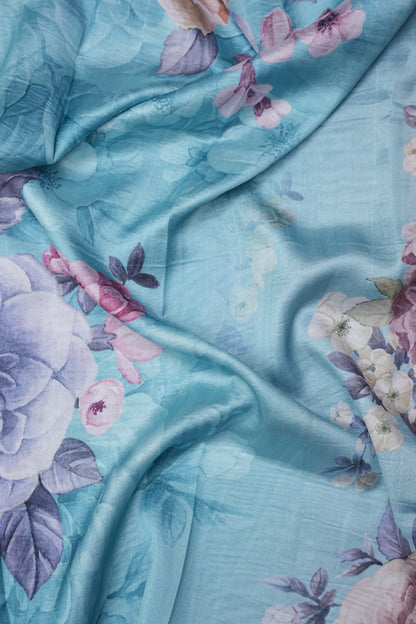 Powder Blue Kalamkari Tussar Silk Saree with Floral Digital Print