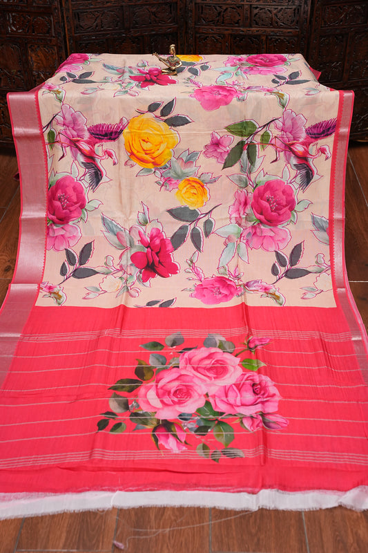 Mangalagiri Printed Silk Saree - Coral Pink & Floral Ivory