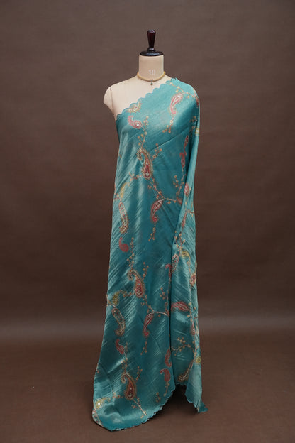 Teal Blue Glass Tissue Organza Designer Party Wear Saree