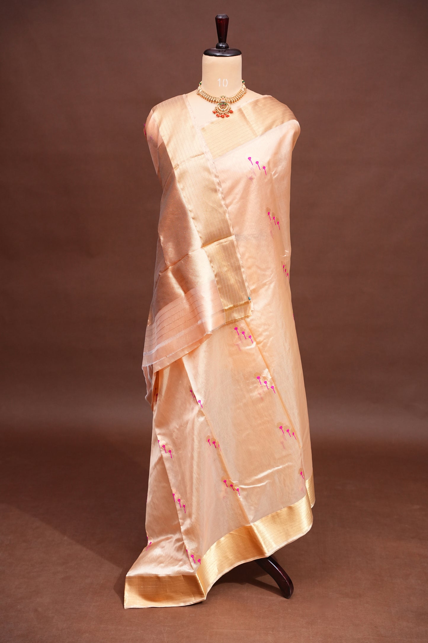 Pure Chanderi Silk Saree with Zari Buttas & Tissue Border - Cream