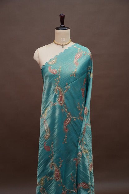 Teal Blue Glass Tissue Organza Designer Party Wear Saree
