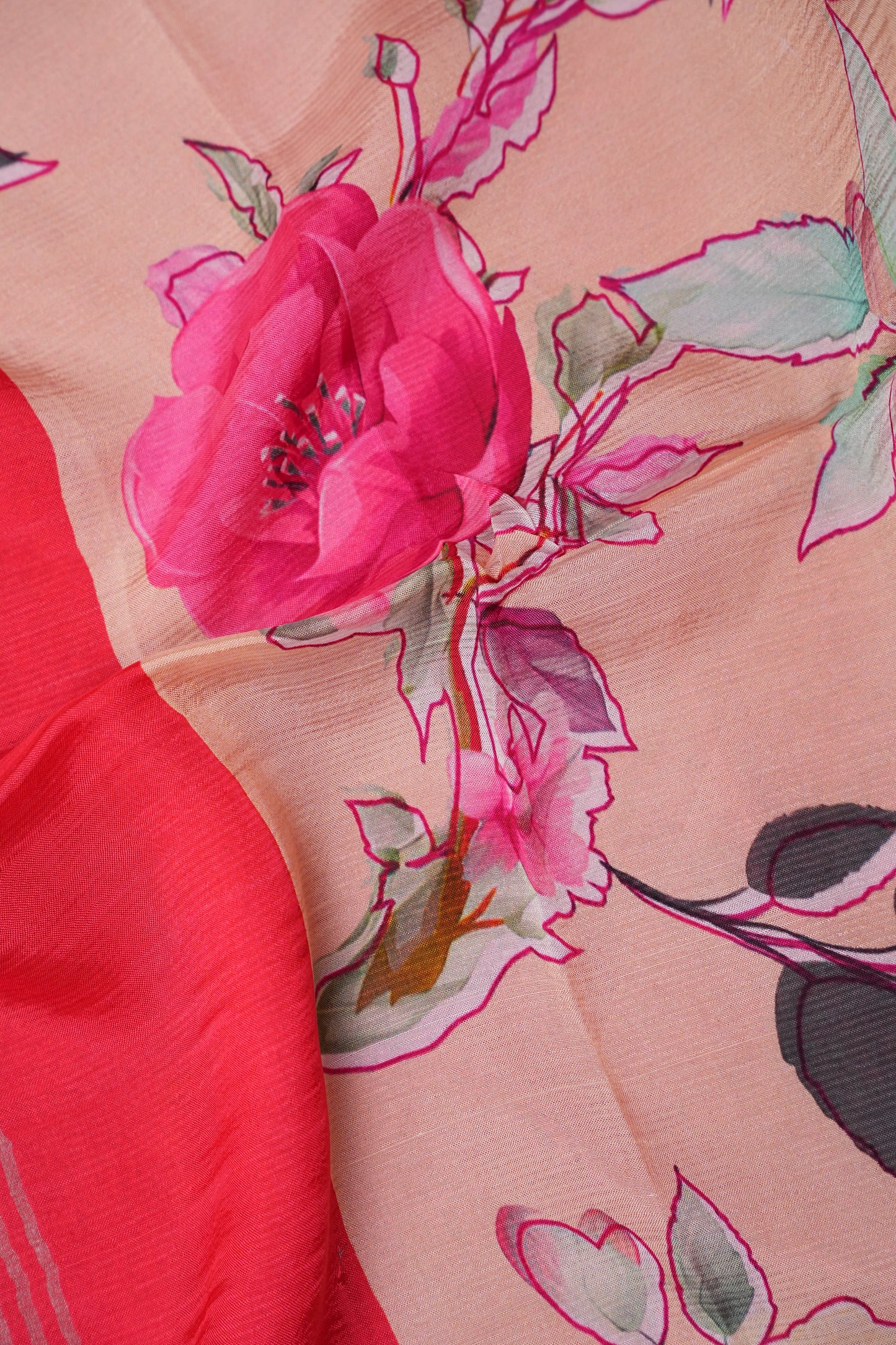 Mangalagiri Printed Silk Saree - Coral Pink & Floral Ivory