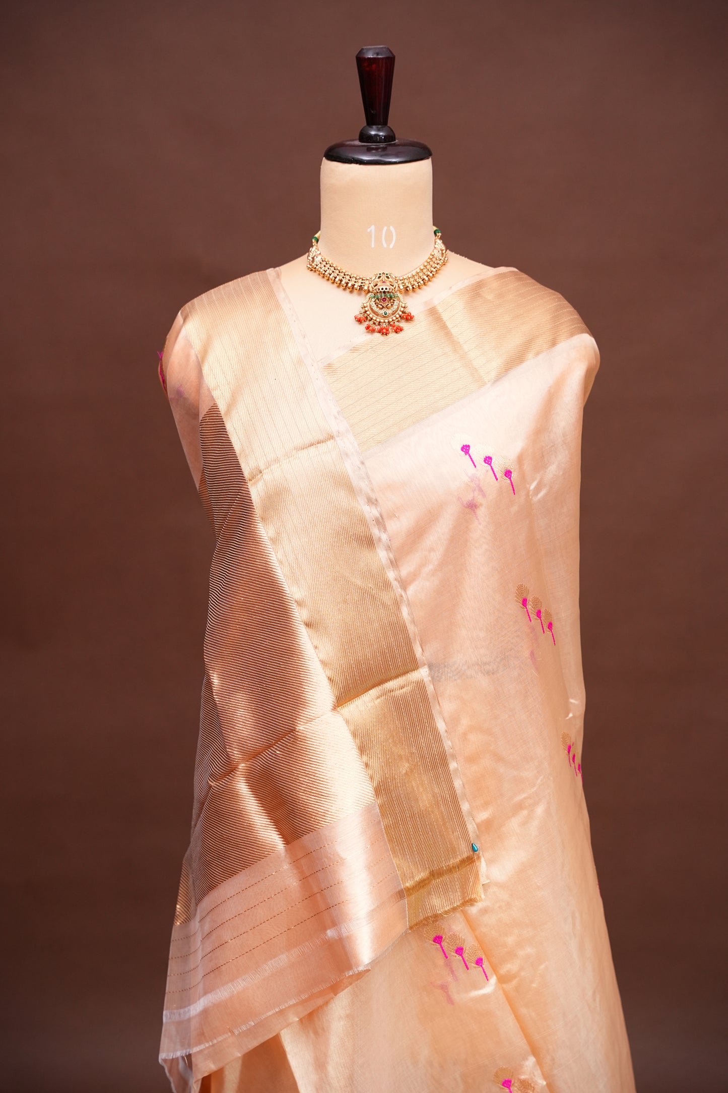 Pure Chanderi Silk Saree with Zari Buttas & Tissue Border - Cream