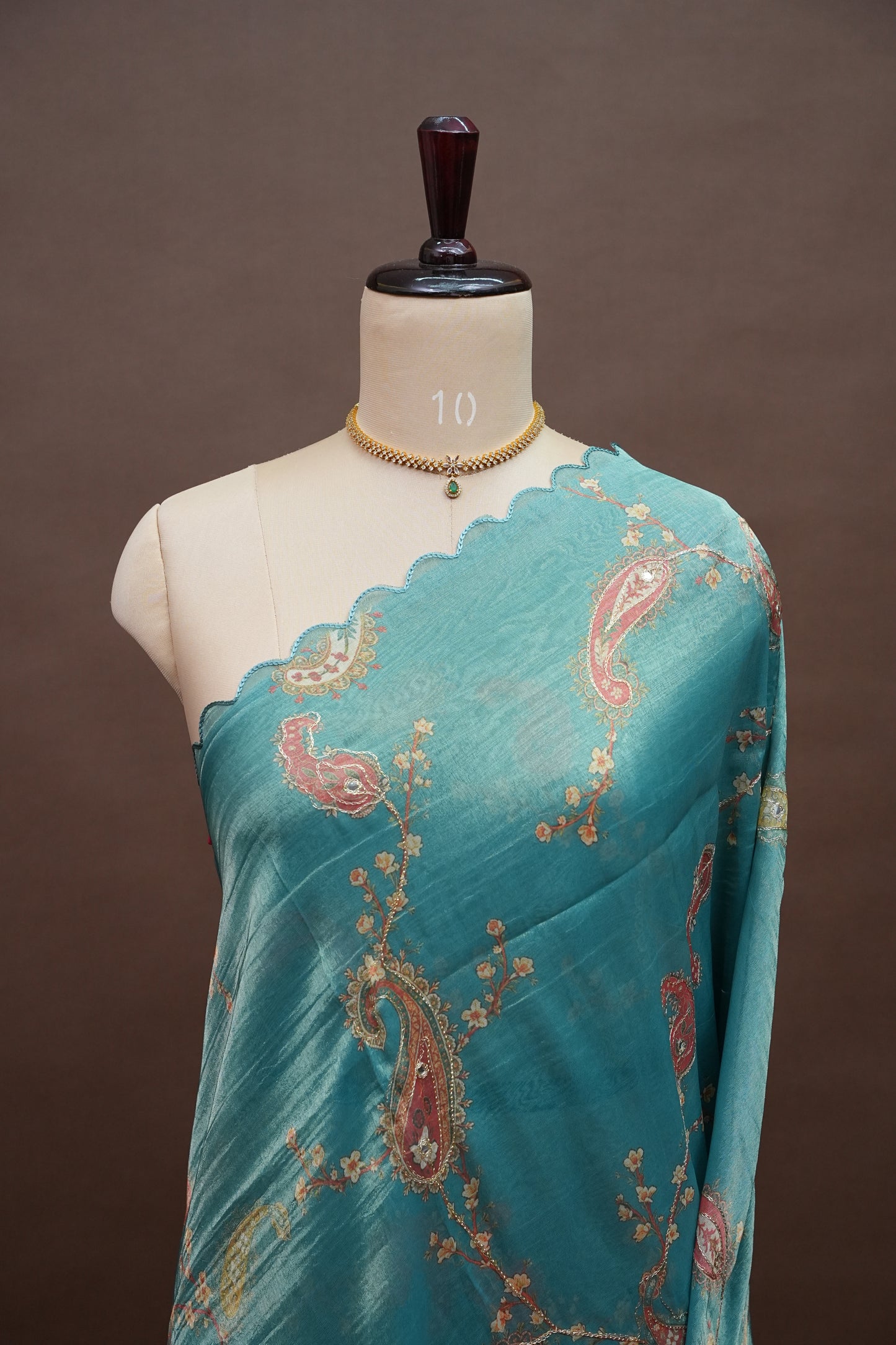 Teal Blue Glass Tissue Organza Designer Party Wear Saree