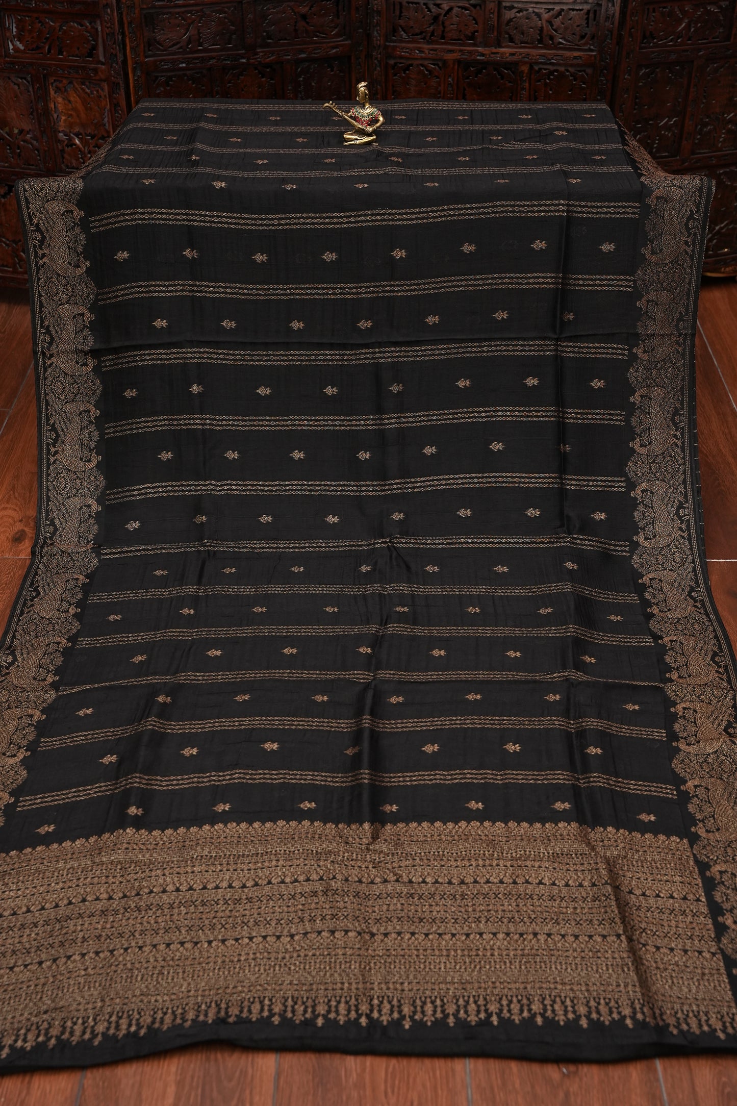 Tussar Banarasi Raw Silk Saree with Handloom Peacock Border – Classic Black