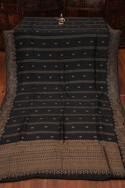 Tussar Banarasi Raw Silk Saree with Handloom Peacock Border – Classic Black