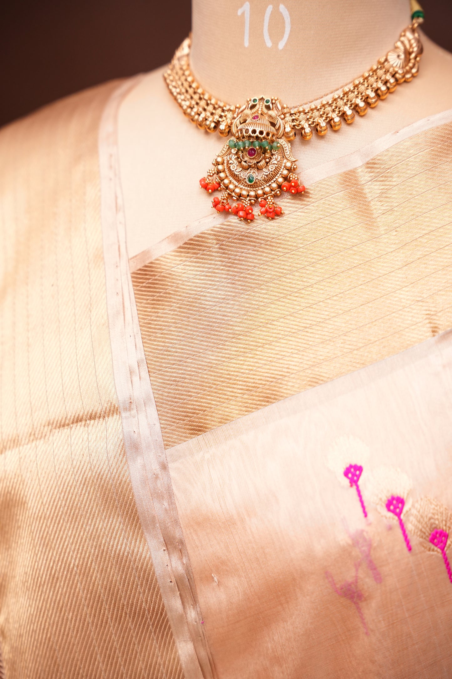 Pure Chanderi Silk Saree with Zari Buttas & Tissue Border - Cream