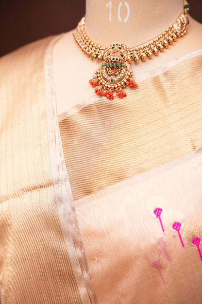 Pure Chanderi Silk Saree with Zari Buttas & Tissue Border - Cream