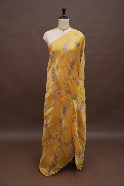 Bright Mustard Gold Glass Tissue Organza Designer Party Wear Saree