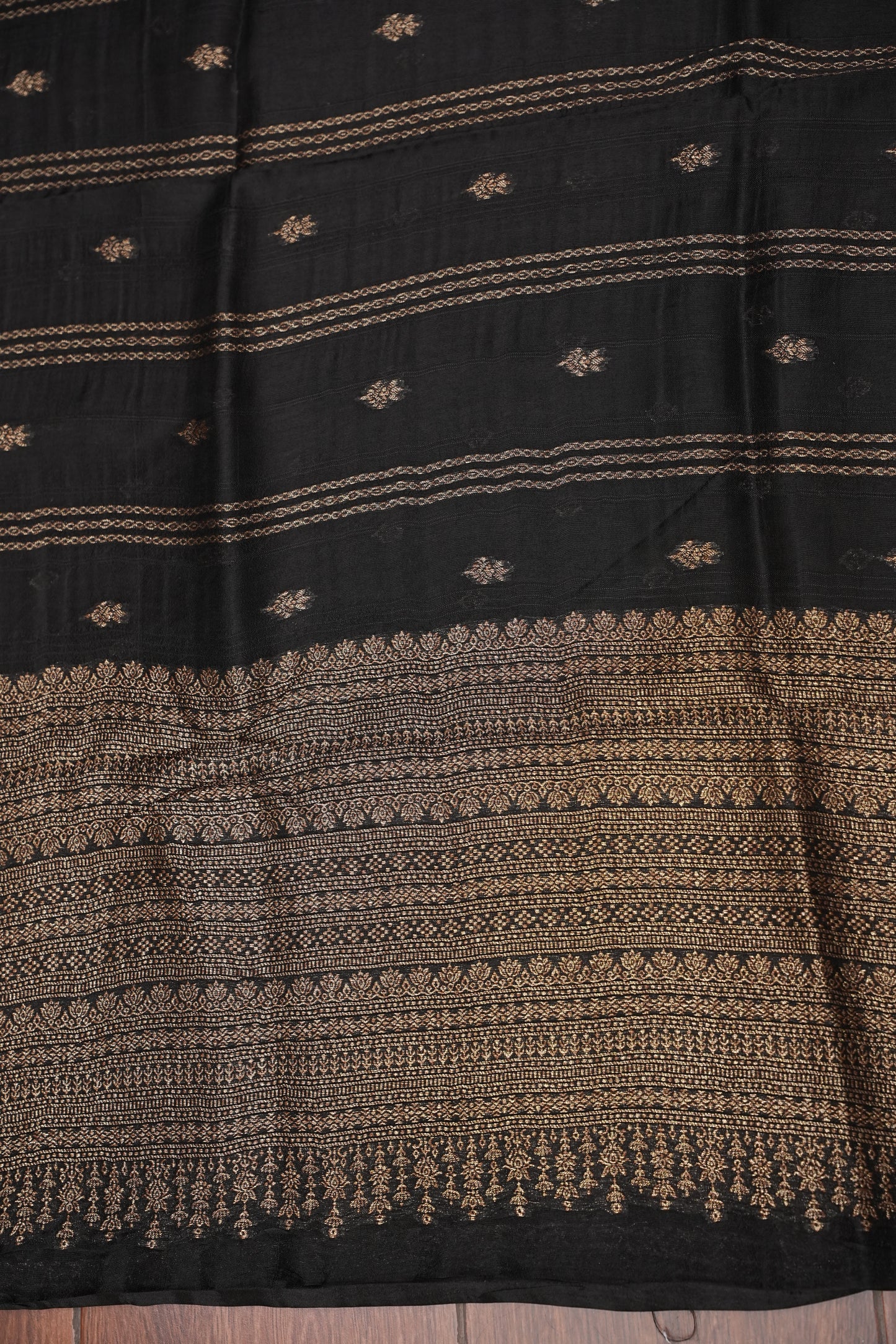 Tussar Banarasi Raw Silk Saree with Handloom Peacock Border – Classic Black