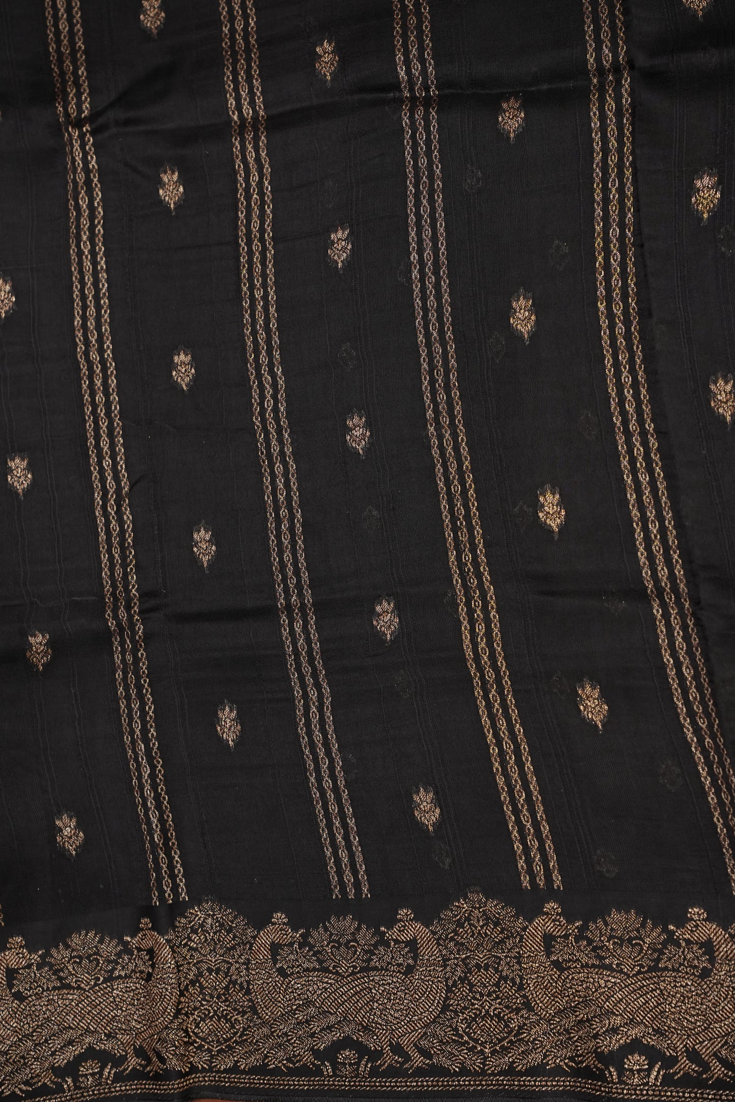 Tussar Banarasi Raw Silk Saree with Handloom Peacock Border – Classic Black