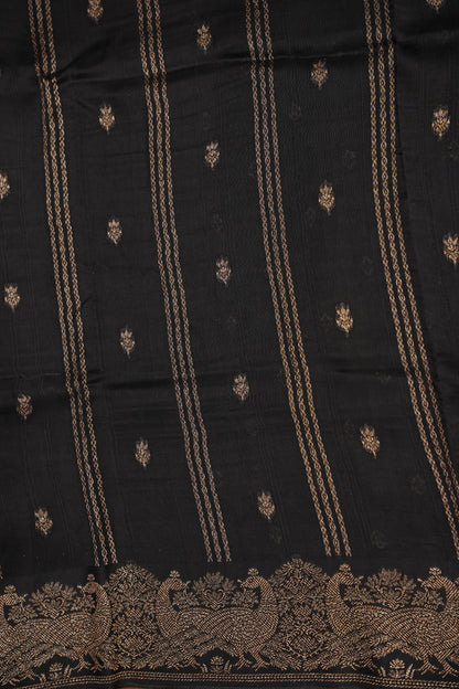 Tussar Banarasi Raw Silk Saree with Handloom Peacock Border – Classic Black