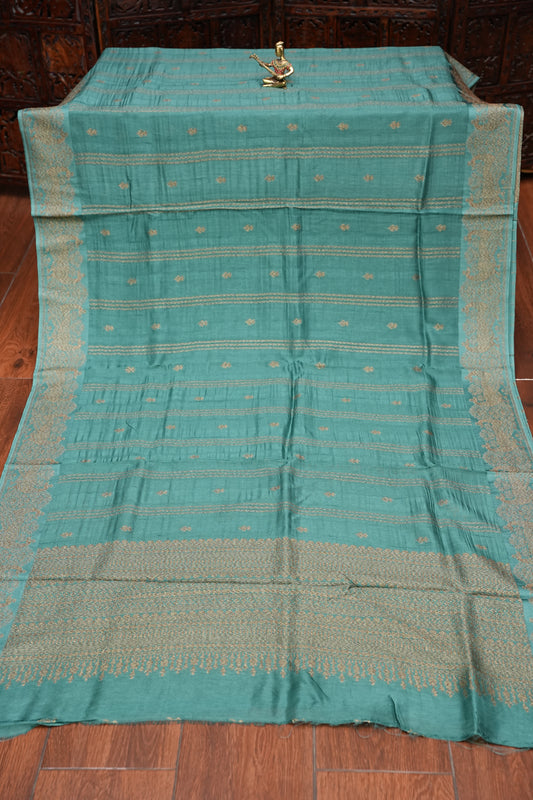 Tussar Banarasi Raw Silk Saree with Handloom Peacock Border – Aqua Green
