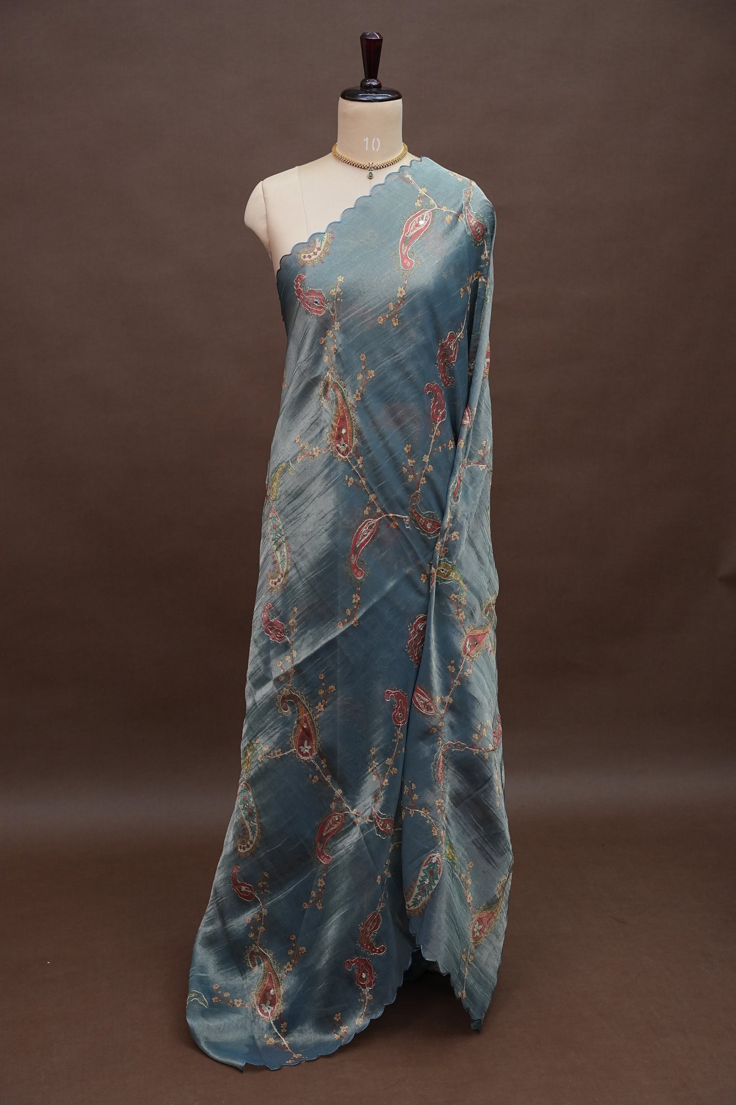 Glass Tissue Organza Designer Party Wear Saree with Digital Floral Prints -Dusty Blue