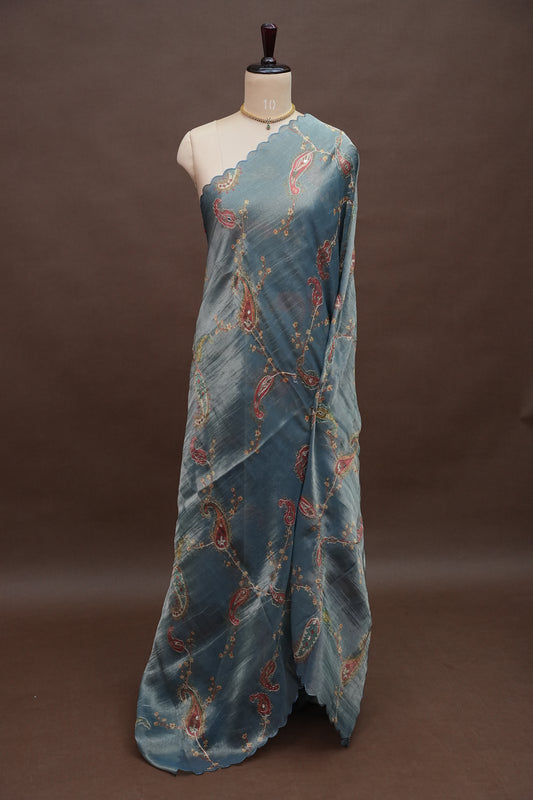 Glass Tissue Organza Designer Party Wear Saree with Digital Floral Prints -Dusty Blue