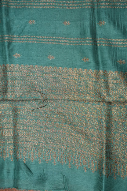 Tussar Banarasi Raw Silk Saree with Handloom Peacock Border – Aqua Green