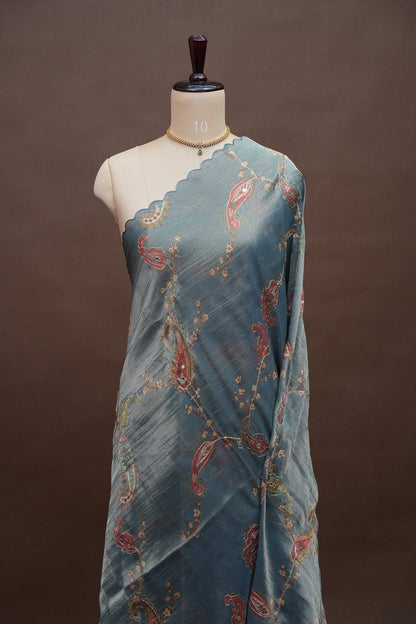 Glass Tissue Organza Designer Party Wear Saree with Digital Floral Prints -Dusty Blue