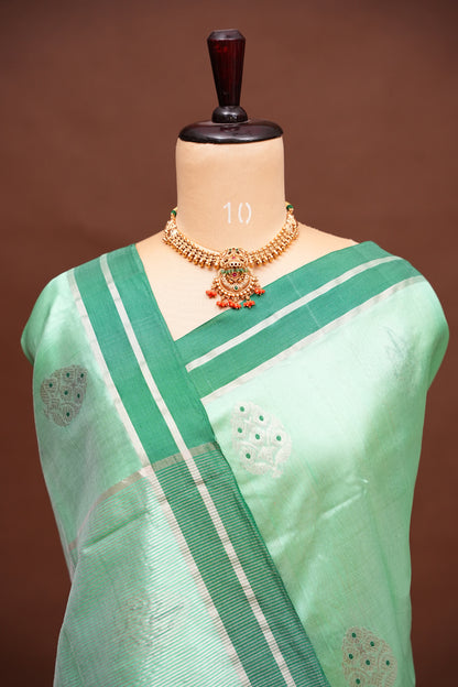Pure Chanderi Silk Saree with Zari Buttas & Tissue Border - Mint Green