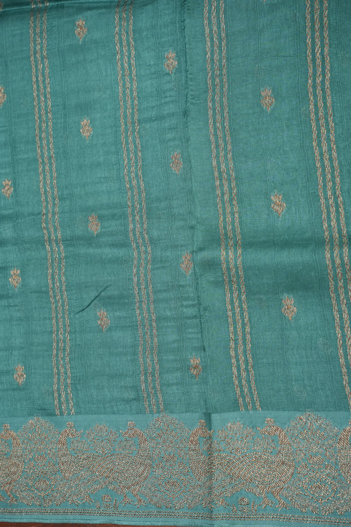 Tussar Banarasi Raw Silk Saree with Handloom Peacock Border – Aqua Green