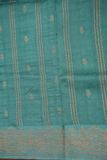 Tussar Banarasi Raw Silk Saree with Handloom Peacock Border – Aqua Green