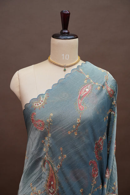 Glass Tissue Organza Designer Party Wear Saree with Digital Floral Prints -Dusty Blue