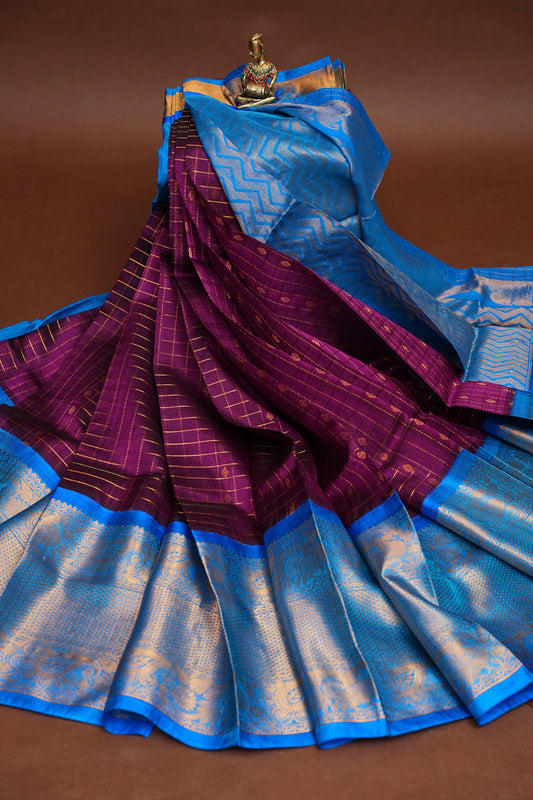 Pure Kuppadam Saree - Wine with Copper Sulphate Blue