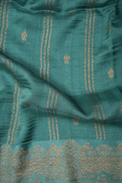 Tussar Banarasi Raw Silk Saree with Handloom Peacock Border – Aqua Green