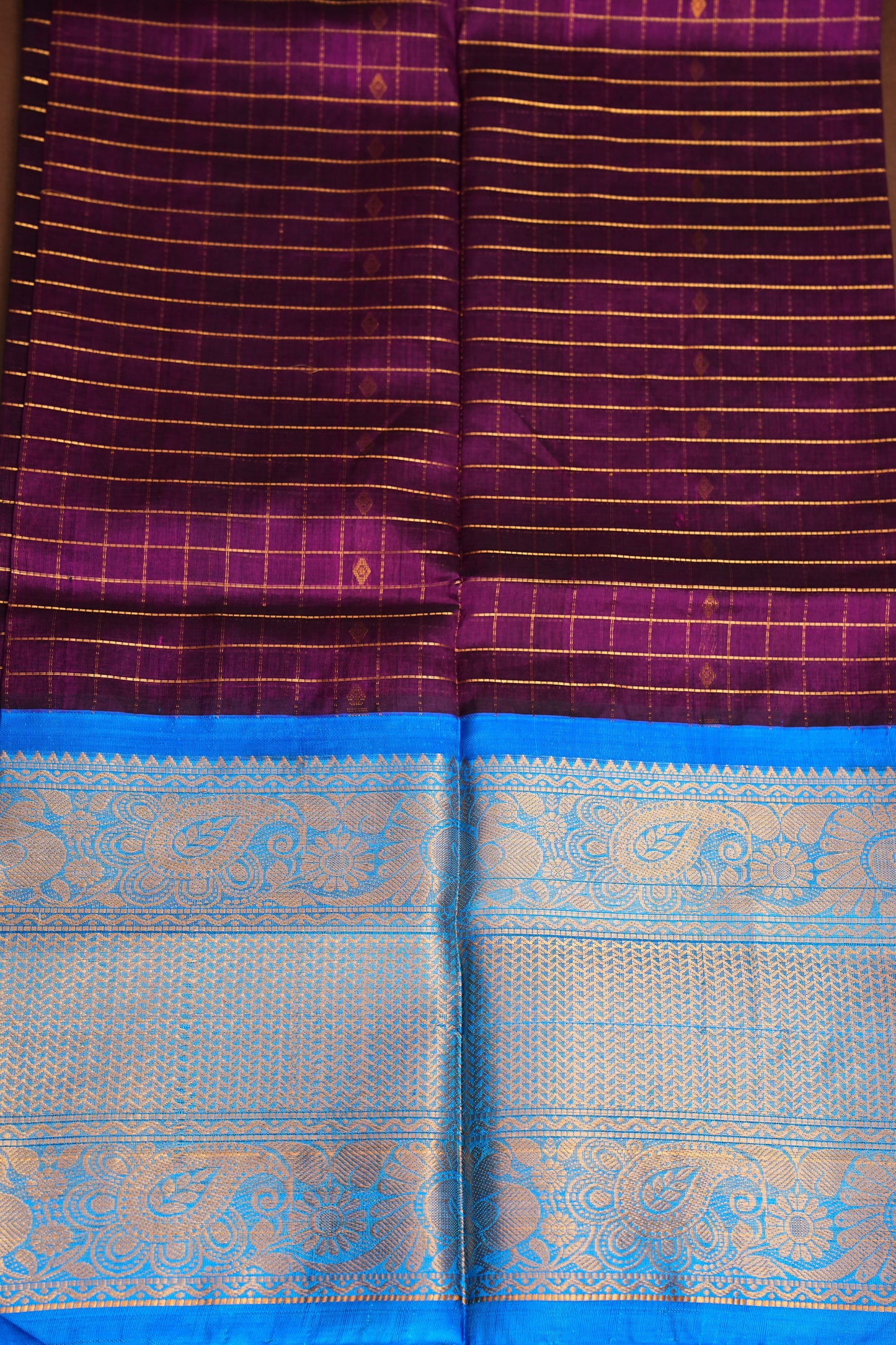 Pure Kuppadam Saree - Wine with Copper Sulphate Blue