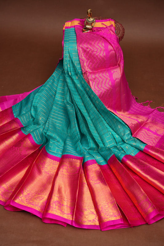Pure Kuppadam Saree - Teal Green with Pink