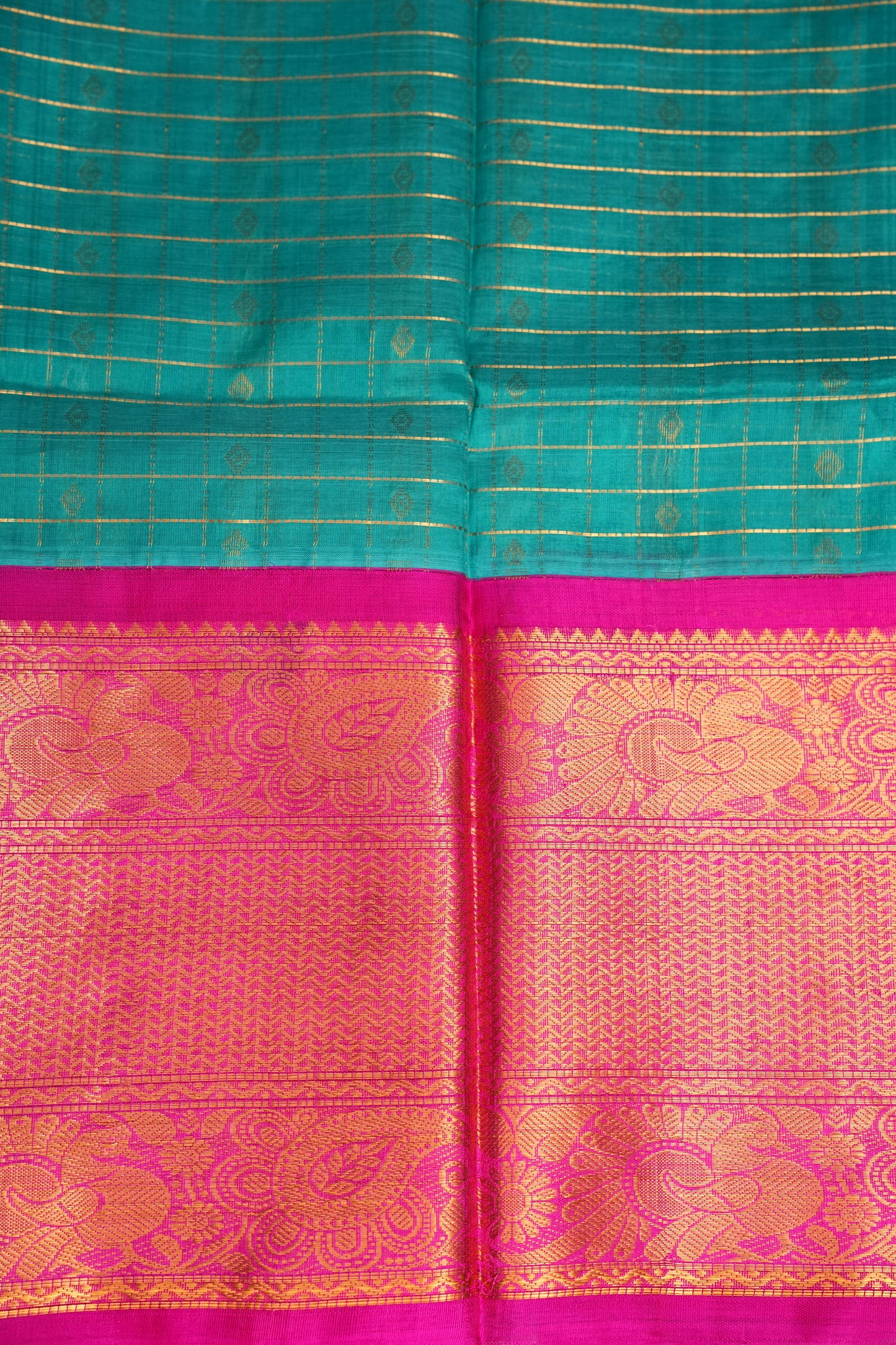 Pure Kuppadam Saree - Teal Green with Pink