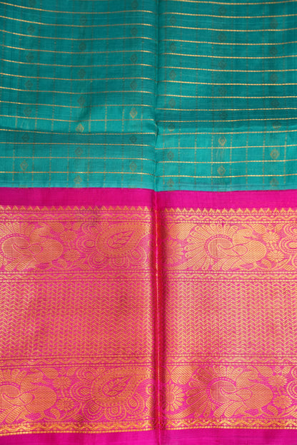 Pure Kuppadam Saree - Teal Green with Pink