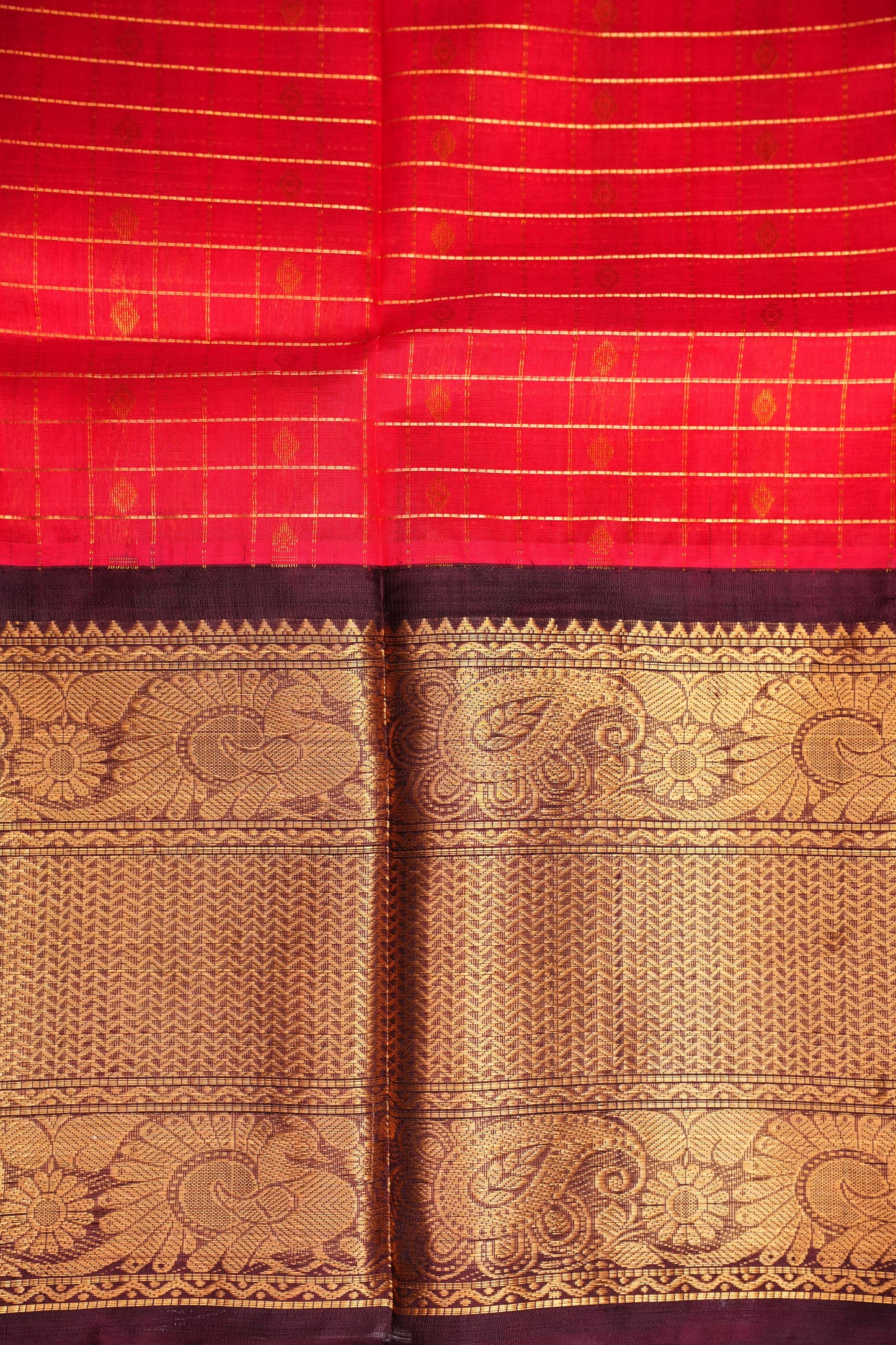 Pure Kuppadam Saree - Red with Chocolate Brown