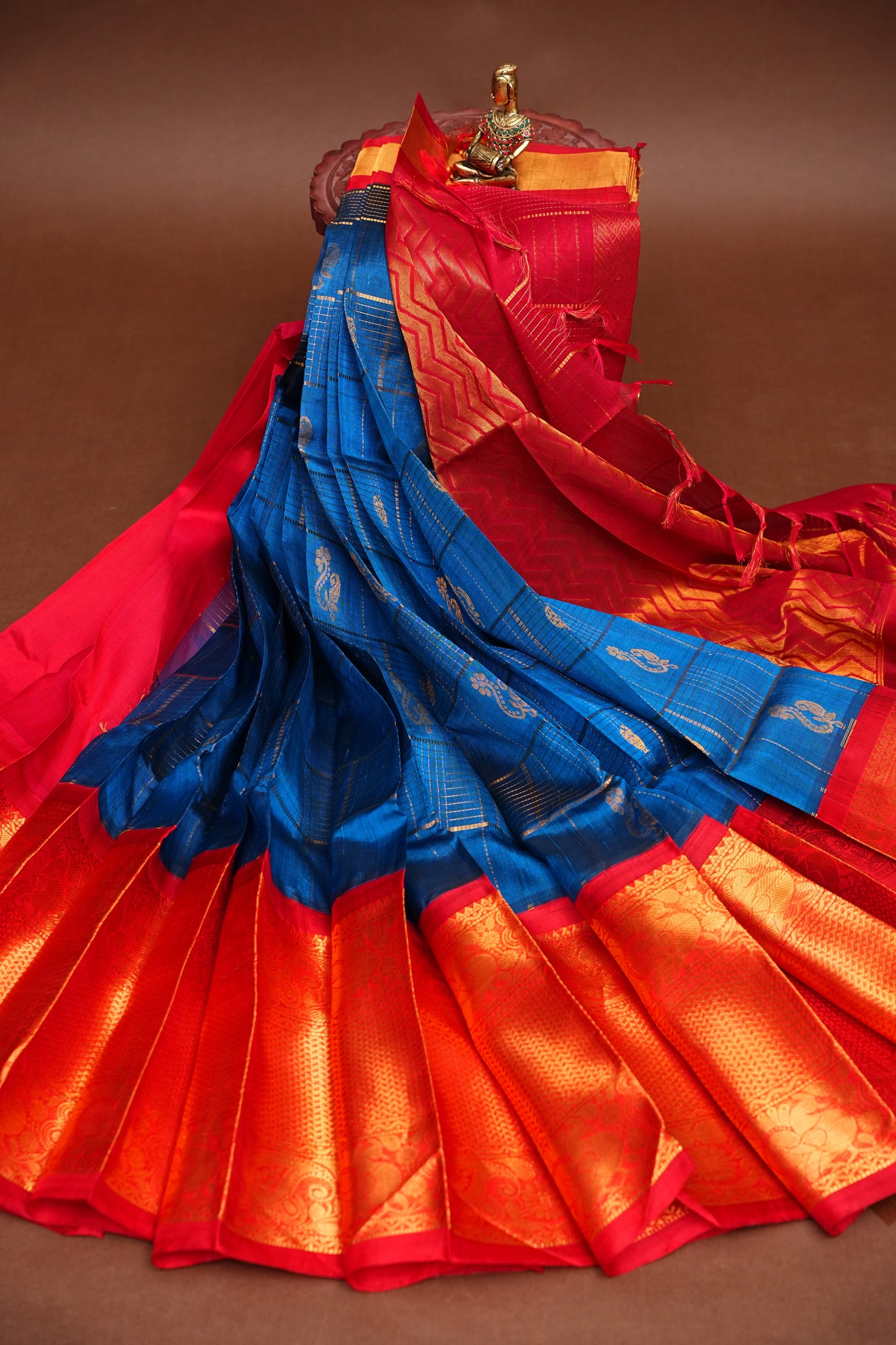 Pure Kuppadam Saree - Deep Blue with Red