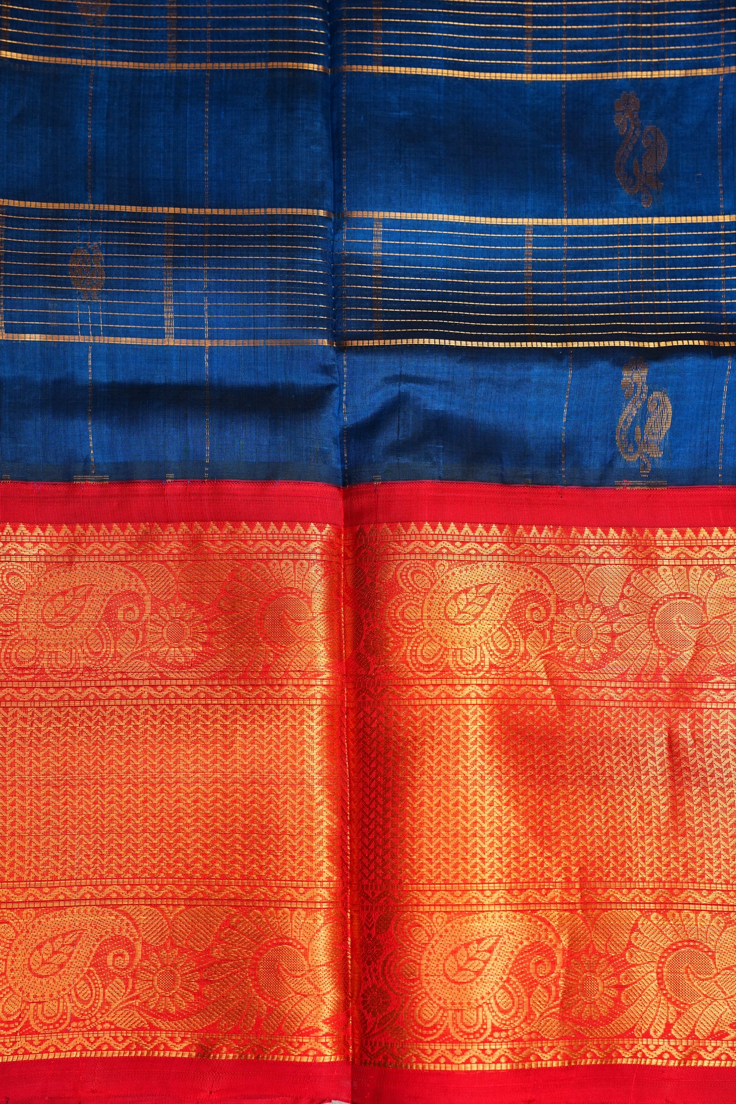Pure Kuppadam Saree - Deep Blue with Red