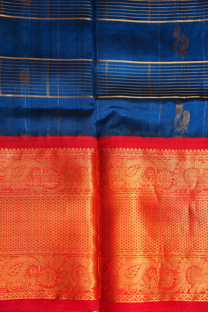 Pure Kuppadam Saree - Deep Blue with Red