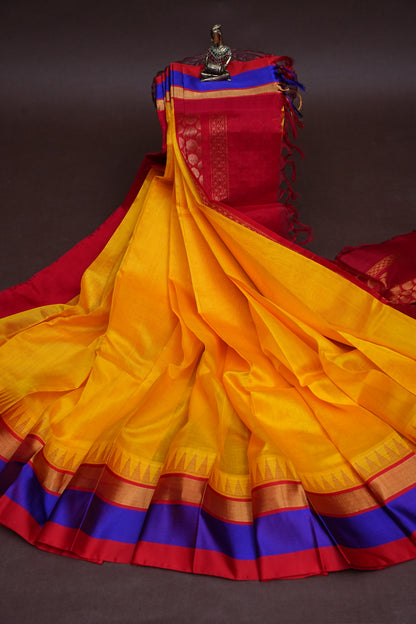 Pure Kuppadam Korvai Pattu Saree-Yellow & Red