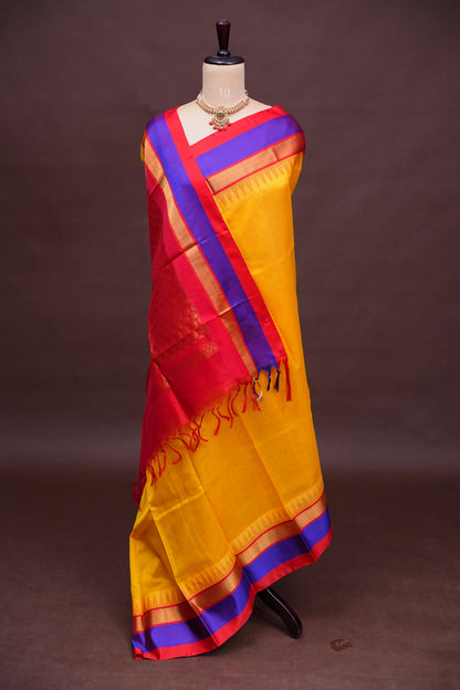 Pure Kuppadam Korvai Pattu Saree-Yellow & Red